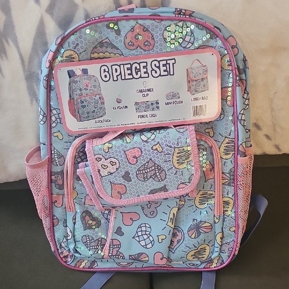 Handbags - Colorful Sequined Hearts 6-Piece Backpack Set